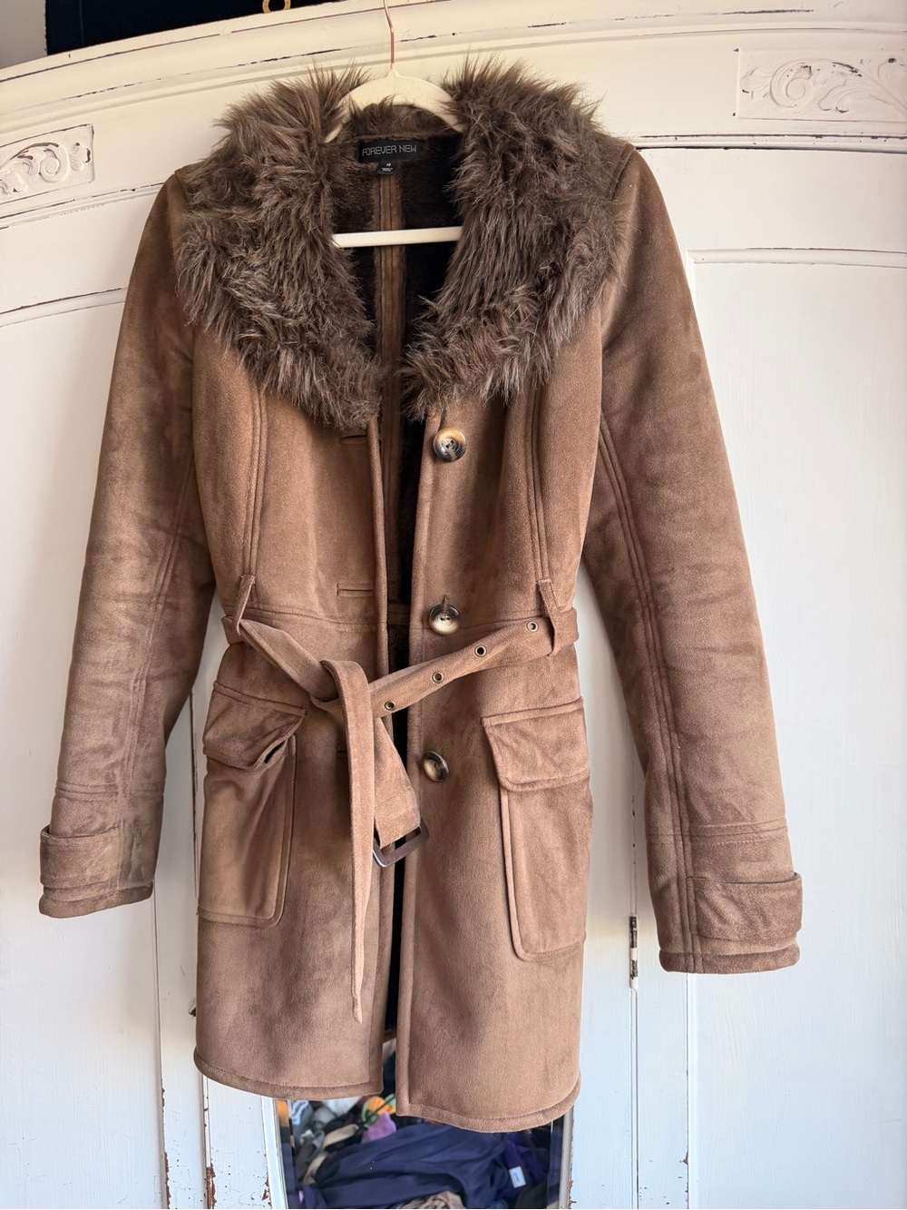 Forever New Tan Faux-Suede Trench Coat with Faux-Fur Collar - Picture 9 of 9